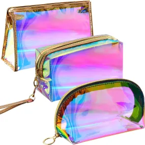 3 Pieces Holographic Makeup Bag Cosmetic Travel Bag Portable Waterproof Toiletries Bag Iridescent Cosmetic Pouch Makeup Organizer for Women Girls