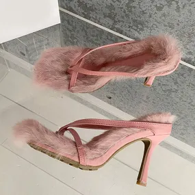 Advbridge New Style Faux Fur Women's Thin Heels Flip Flops Slippers Sandals Square Open Toed High Quality Fuzzy Slides Shoes