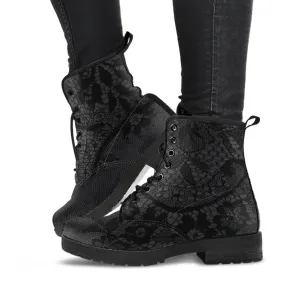 Combat Boots - Classic Pattern #116 Black Lace Print | Vegan Leather, Unisex Boots, Custom Shoes, Hippie Boots, Lace Up Boots, Women's Boots