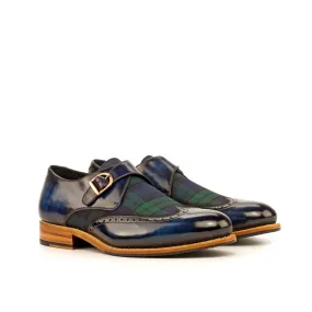 DapperFam Brenno in Blackwatch / Denim Men's Sartorial & Hand-Painted Patina Single Monk