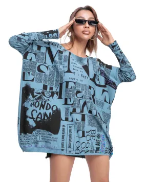 ❤ellazhu Women's Long Sleeve Sweater Newspaper Painting Pullover Oversized Shirt GY2753