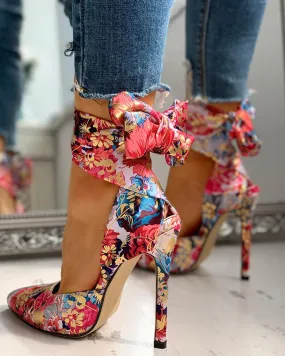 Floral Print Tied Ankle Thin Heels
