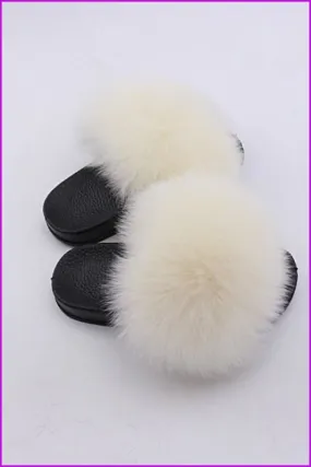 Kids Beige Fox Fur Sliders F003