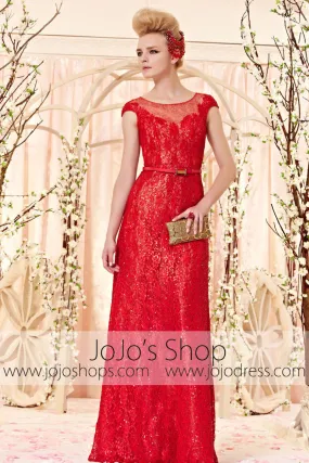 Modest Scoop Neck Red Lace Evening Dress CX830351