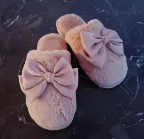 Plush Soft Slippers with Shiny Satin Bow