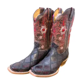 Semental Women's Leather Cowboy Boots Embroidered Western Red/Black 8