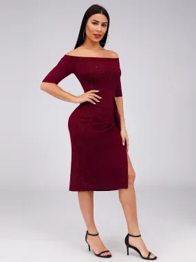 Women's Off Shoulder High Split Bodycon Knee-Length Cocktail Dress