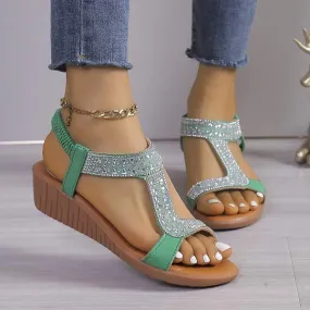 Women's Peep-Toe Elastic Strap Rhinestone Wedge Sandals 21563980C